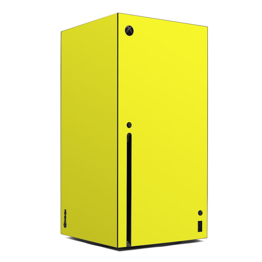 Lemon yellow Xbox Series X skin with black cutouts for power and ports