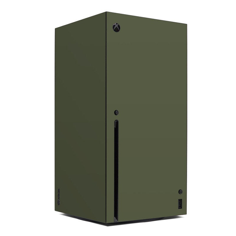 Olive drab Xbox Series X console skin with cutouts and small Xbox logo