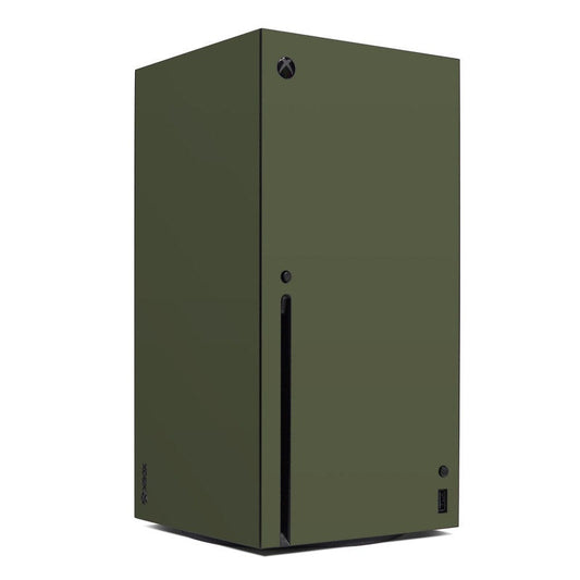 Olive drab Xbox Series X console skin with cutouts and small Xbox logo