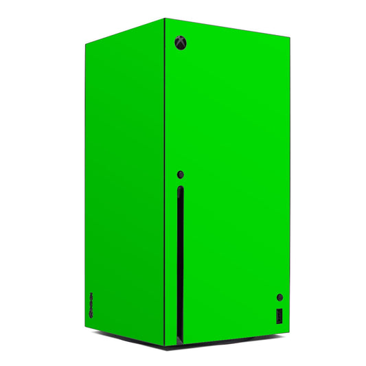 Xbox Series X skin in bright green with black port cutouts and logo circle