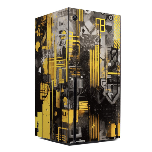 Microsoft Xbox Series X skin with yellow and gray abstract circuit artwork