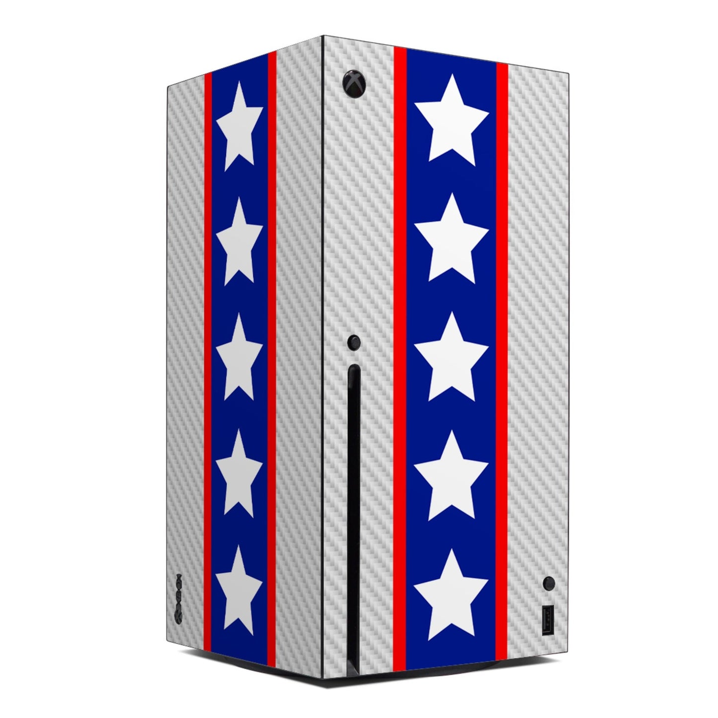 Xbox Series X console skin with vertical blue-red stripe and white star design