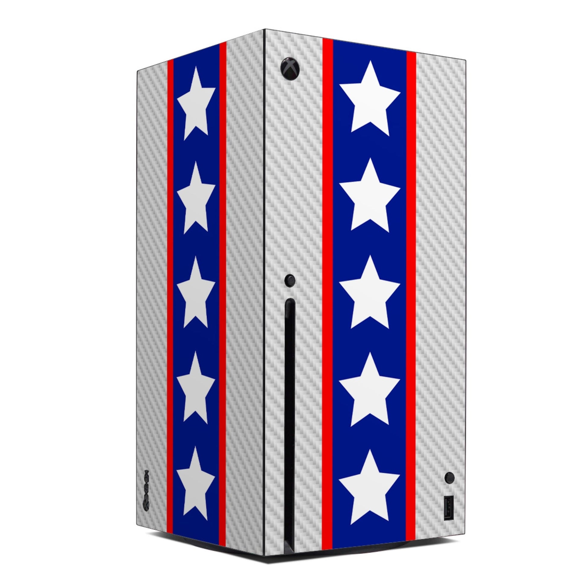 Xbox Series X console skin with vertical blue-red stripe and white star design