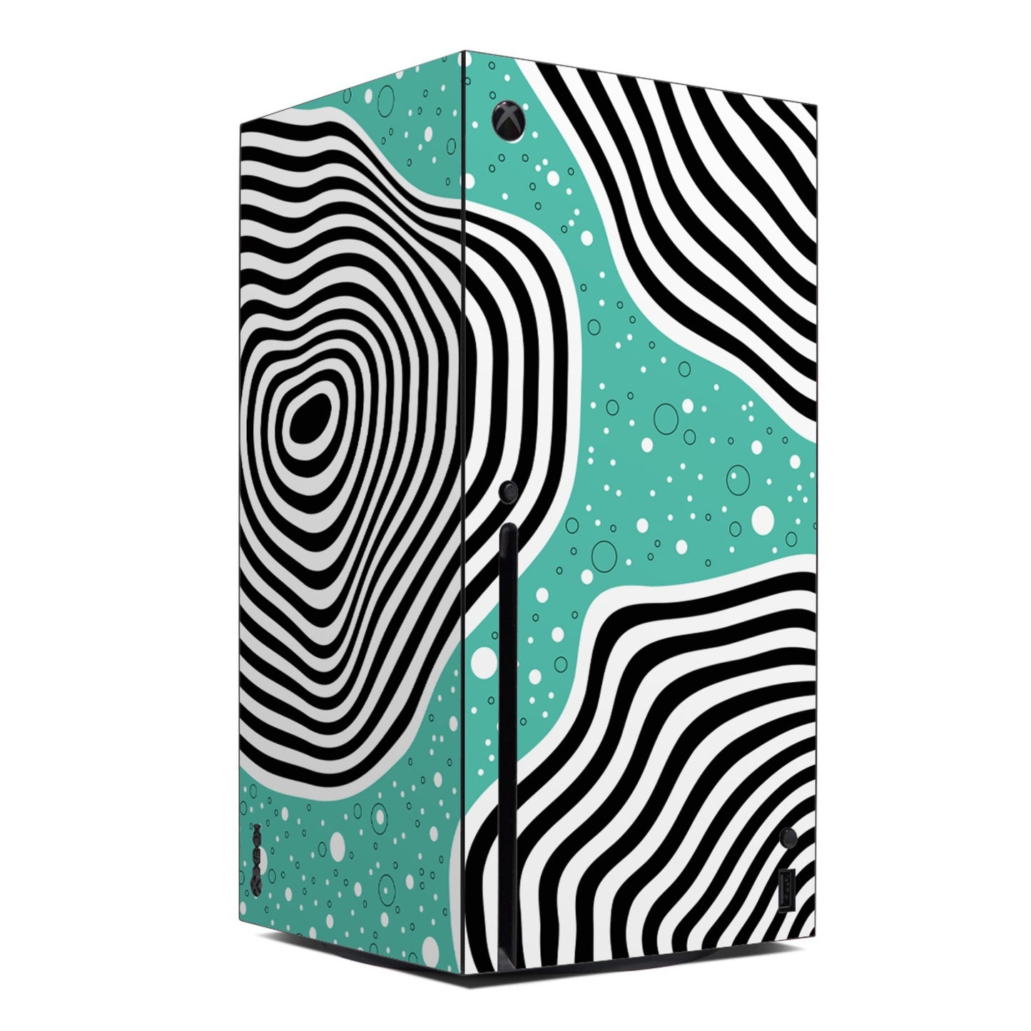 Xbox Series X console skin with teal, black and white wavy lines and bubble patterns