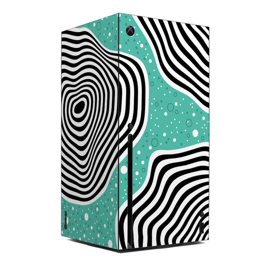 Xbox Series X console skin with teal, black and white wavy lines and bubble patterns