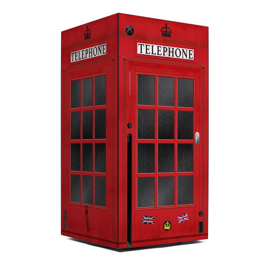 Red telephone kiosk skin for Microsoft Xbox Series X, double-door kiosk design