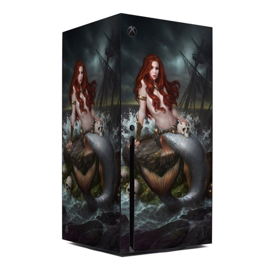 Xbox Series X console skin with red-haired mermaid and dark ocean waves artwork