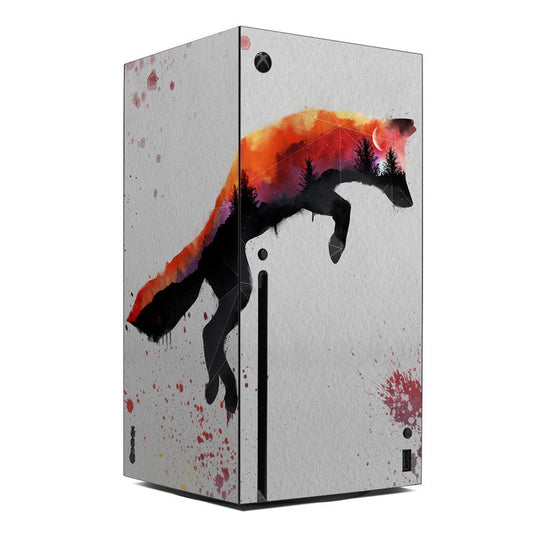 Xbox Series X skin: white background with orange sunset, black wolf and red splatter