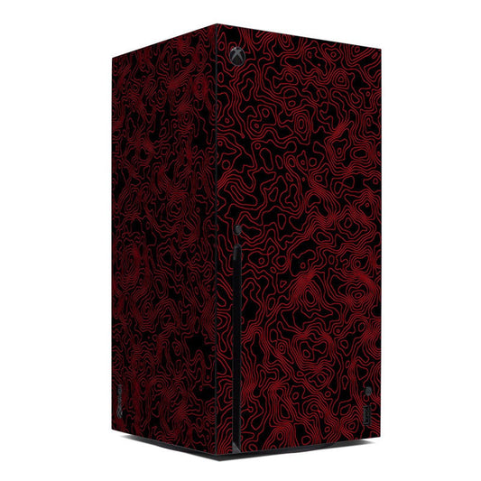 Xbox Series X console skin with red circuit-line pattern, black background