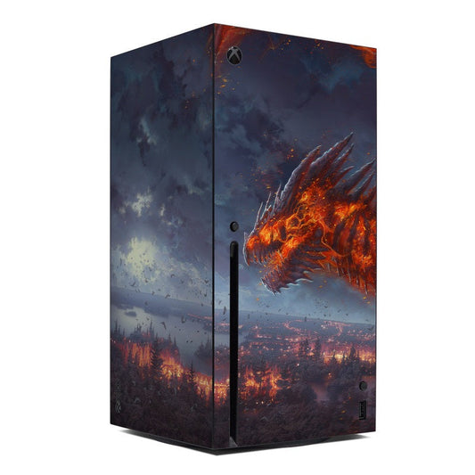 Xbox Series X console skin with fiery dragon artwork in dark blue and orange