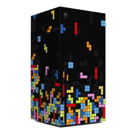 Xbox Series X skin with black pixel-art design and multicolor blocks, includes Xbox logo