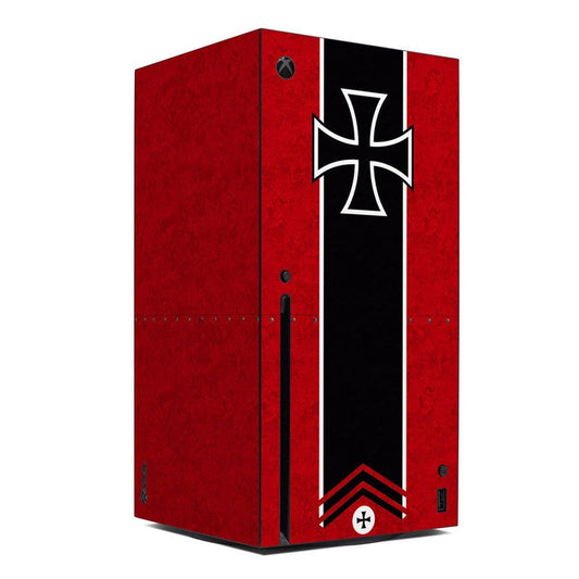 Xbox Series X console skin, red and black with white cross emblem and vertical stripe