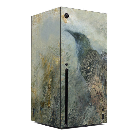 Xbox Series X skin with dark raven artwork and weathered gray background