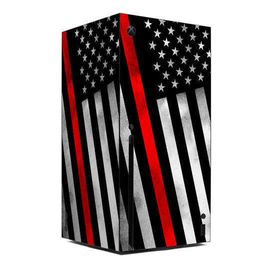 Xbox Series X skin with black, red, and white star and striped patriotic design