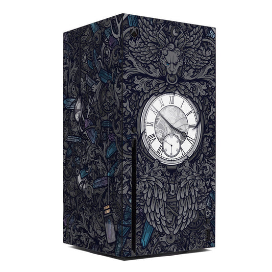 Xbox Series X console skin with dark blue owl and ornate clock illustration