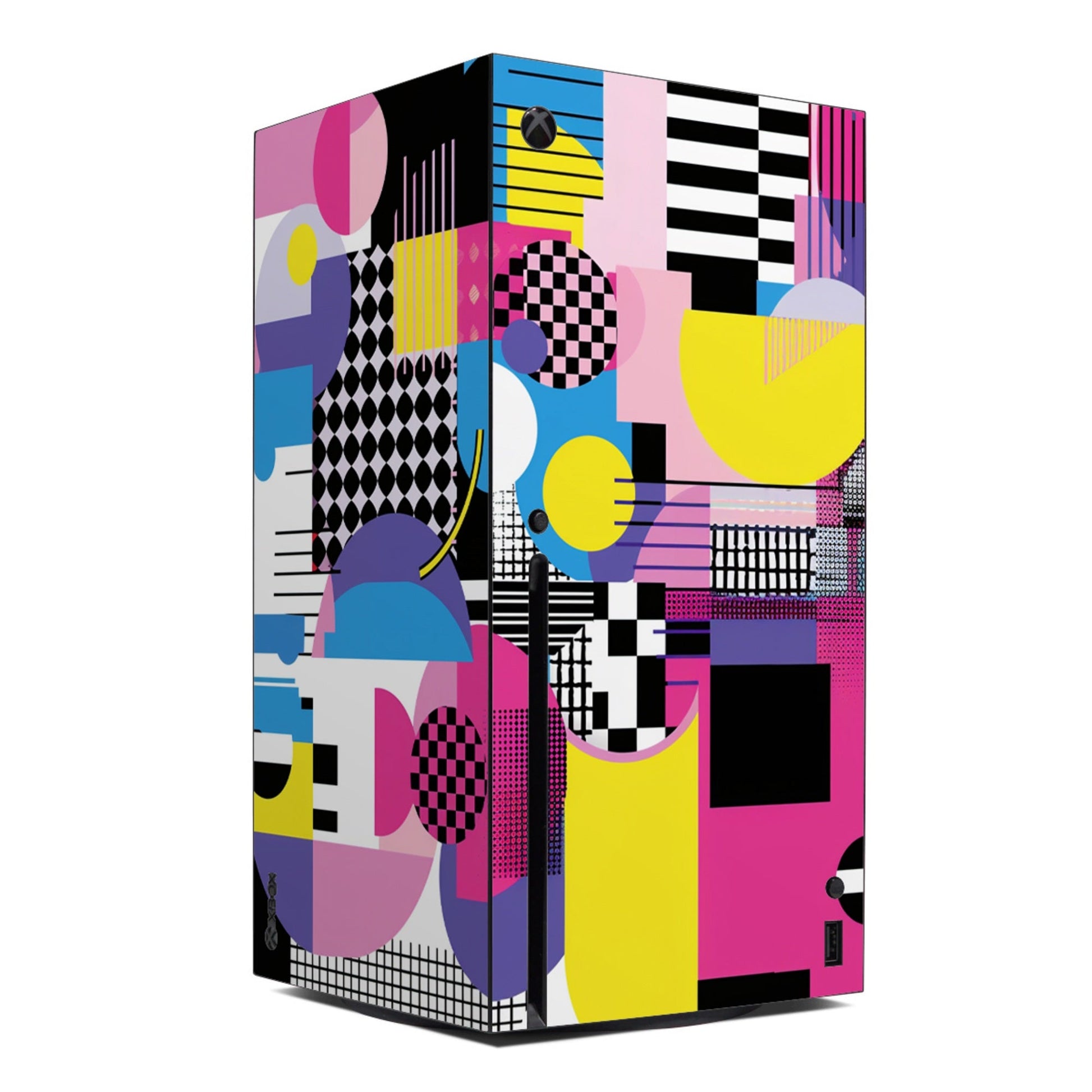 Xbox Series X console skin with colorful abstract geometric patchwork design