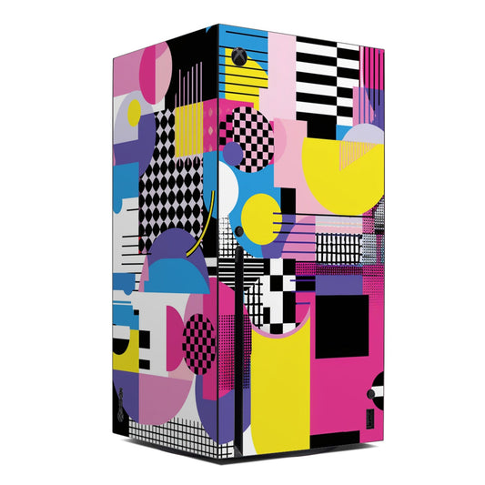Xbox Series X console skin with colorful abstract geometric patchwork design