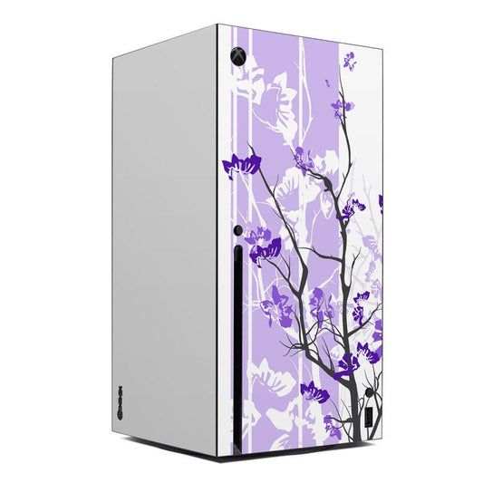 Xbox Series X skin decal with purple floral branch design on side panel