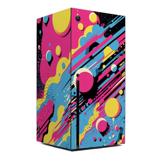 Xbox Series X console skin with colorful abstract pink, blue, and yellow graphic art