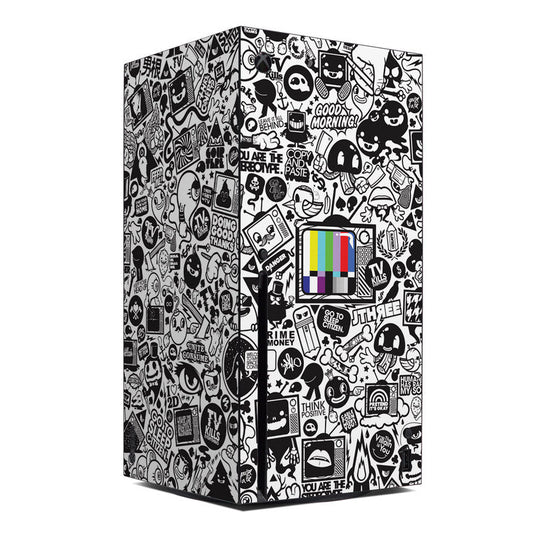 Xbox Series X skin, black-and-white doodle design with TV Kills Everything text