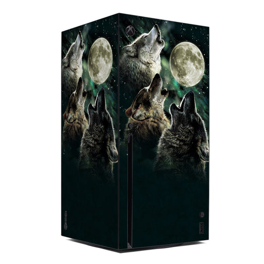 Xbox Series X skin with three wolf silhouettes and full moon, dark green and black