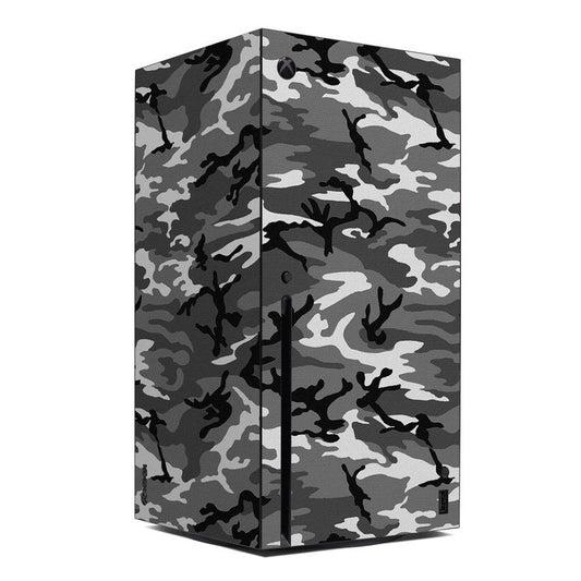 Xbox Series X skin with urban camouflage in grey, black, and light grey