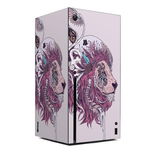 Xbox Series X console skin with purple lion illustration on light pink panels