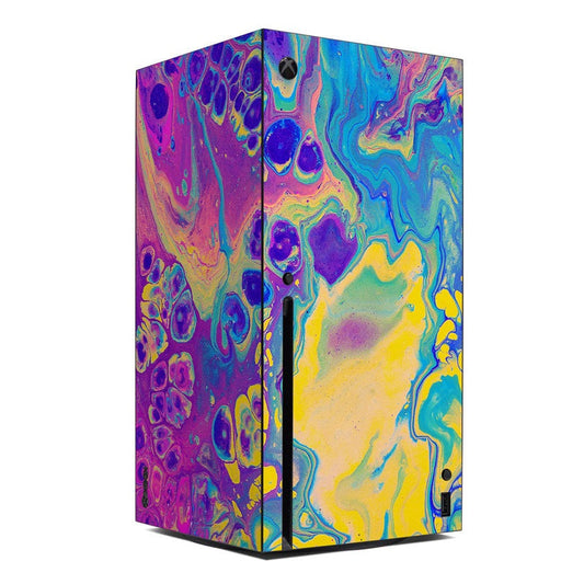 Xbox Series X console skin with colorful abstract artwork, purple blue and yellow swirls