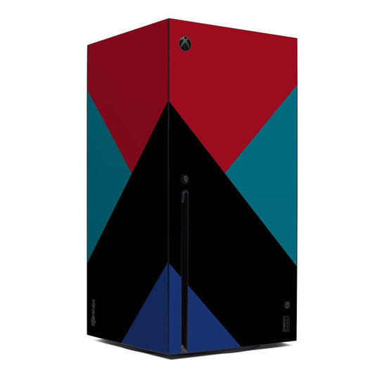 Xbox Series X console skin with geometric red, teal, black and blue panels and Xbox logo.