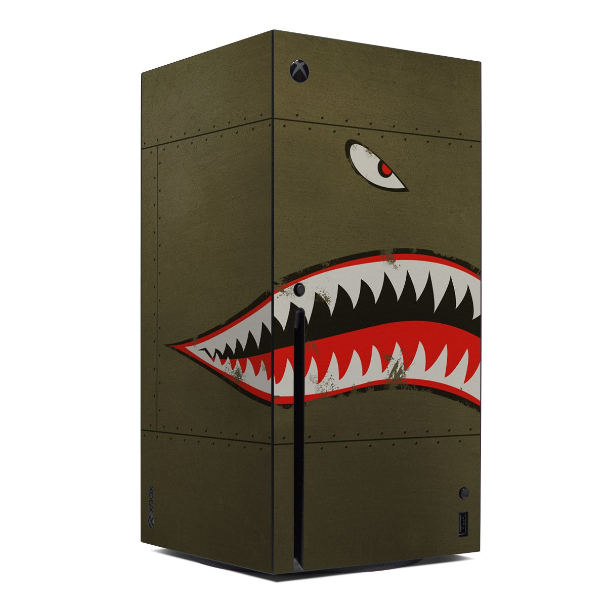 Microsoft Xbox Series X skin with shark mouth graphic on dark green console wrap