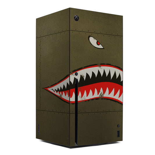 Microsoft Xbox Series X skin with shark mouth graphic on dark green console wrap