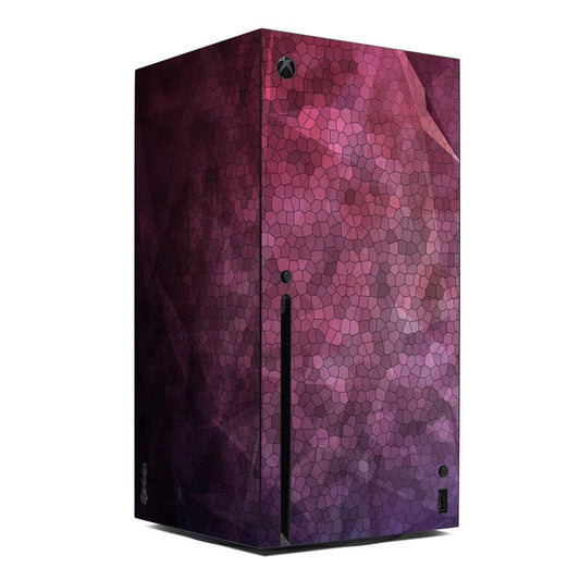 Xbox Series X console skin, purple and pink cracked scale pattern with Xbox logo