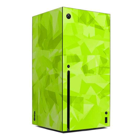 Green geometric Xbox Series X console skin wrap with cutout holes for ports