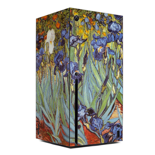 Xbox Series X skin with colorful irises artwork wrap, featuring blue and yellow flowers