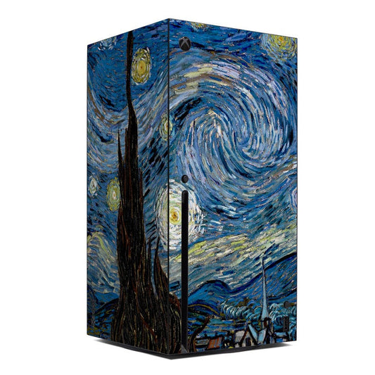 Xbox Series X console skin with Starry Night blue swirling artwork and starry sky details