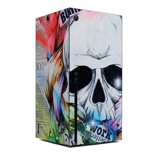 Xbox Series X skin decal with graffiti skull artwork, dark and blue tones