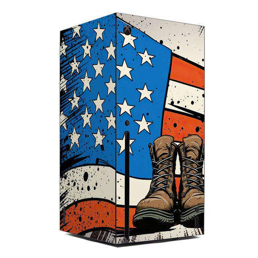 Xbox Series X skin with blue star pattern, orange stripe accents, and beige panels