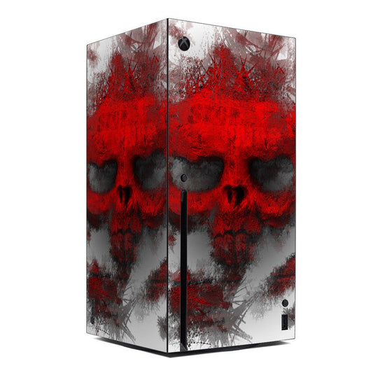 Xbox Series X console skin with red and gray skull graphic, split-panel design