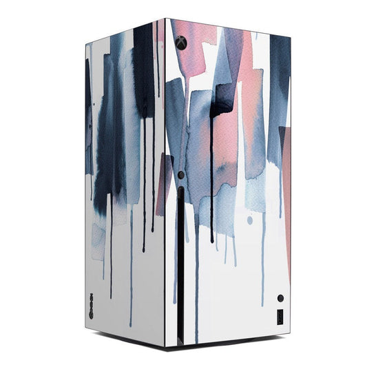 Xbox Series X console skin with abstract watercolor stripes in blue, pink, and white