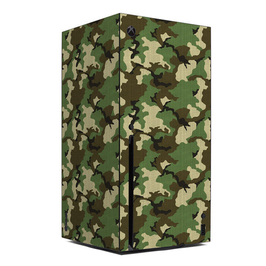 Xbox Series X skin with woodland camo pattern in green, brown, and tan