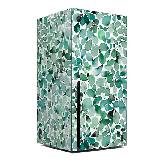 Watercolor eucalyptus leaf Xbox Series X console skin with teal and green leaf pattern