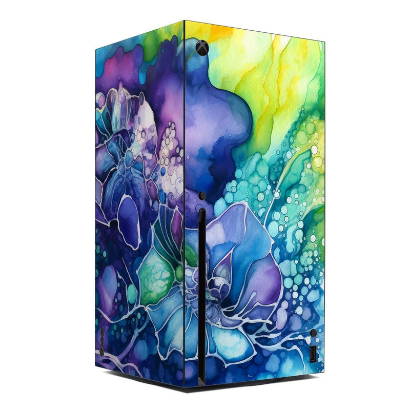 Watercolor floral Xbox Series X skin wrap, abstract blue green purple artwork with X logo