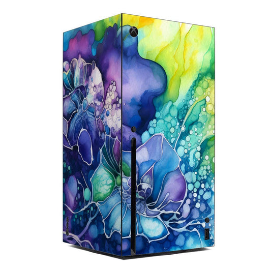 Watercolor floral Xbox Series X skin wrap, abstract blue green purple artwork with X logo