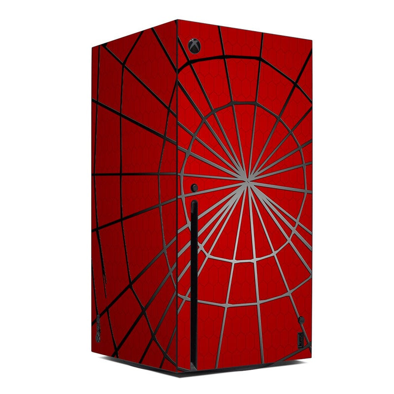 Xbox Series X console skin, red with black web and spiderweb graphic