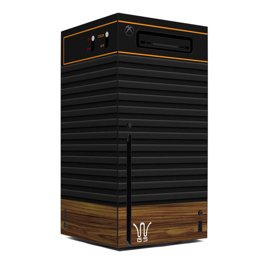 Wooden Xbox Series X skin with black horizontal stripes, wood panels, orange trim