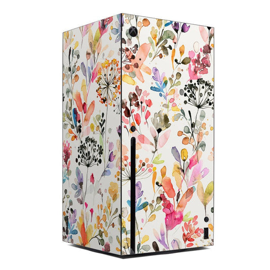 Xbox Series X console skin with wildflower and grass watercolor pattern