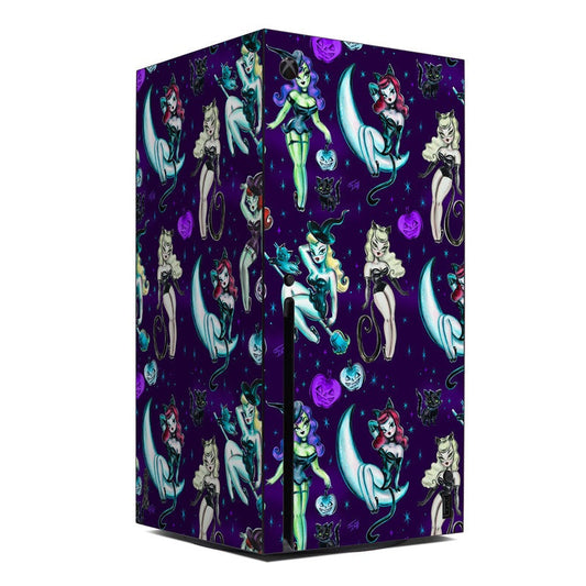 Xbox Series X skin with purple witch and cat collage, full wrap