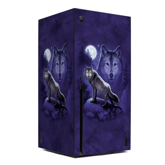 Xbox Series X console skin with purple wolf artwork and moon, Xbox logo centered