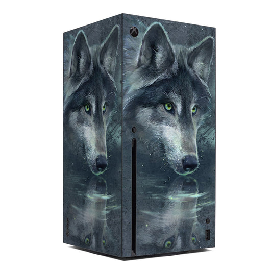 Xbox Series X skin with gray wolf face and green eyes, teal reflection graphic