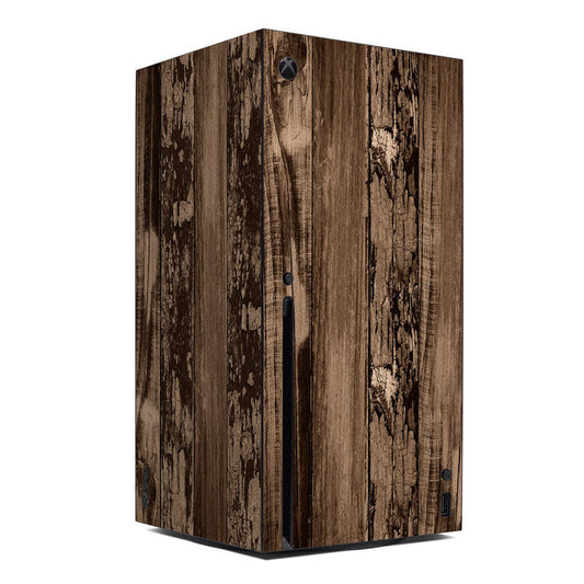 Weathered wood skin for Microsoft Xbox Series X, dark woodgrain with port cutouts